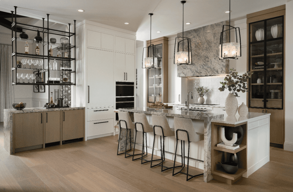 Mystical quartzite island and backsplash in a modern luxury kitchen. 