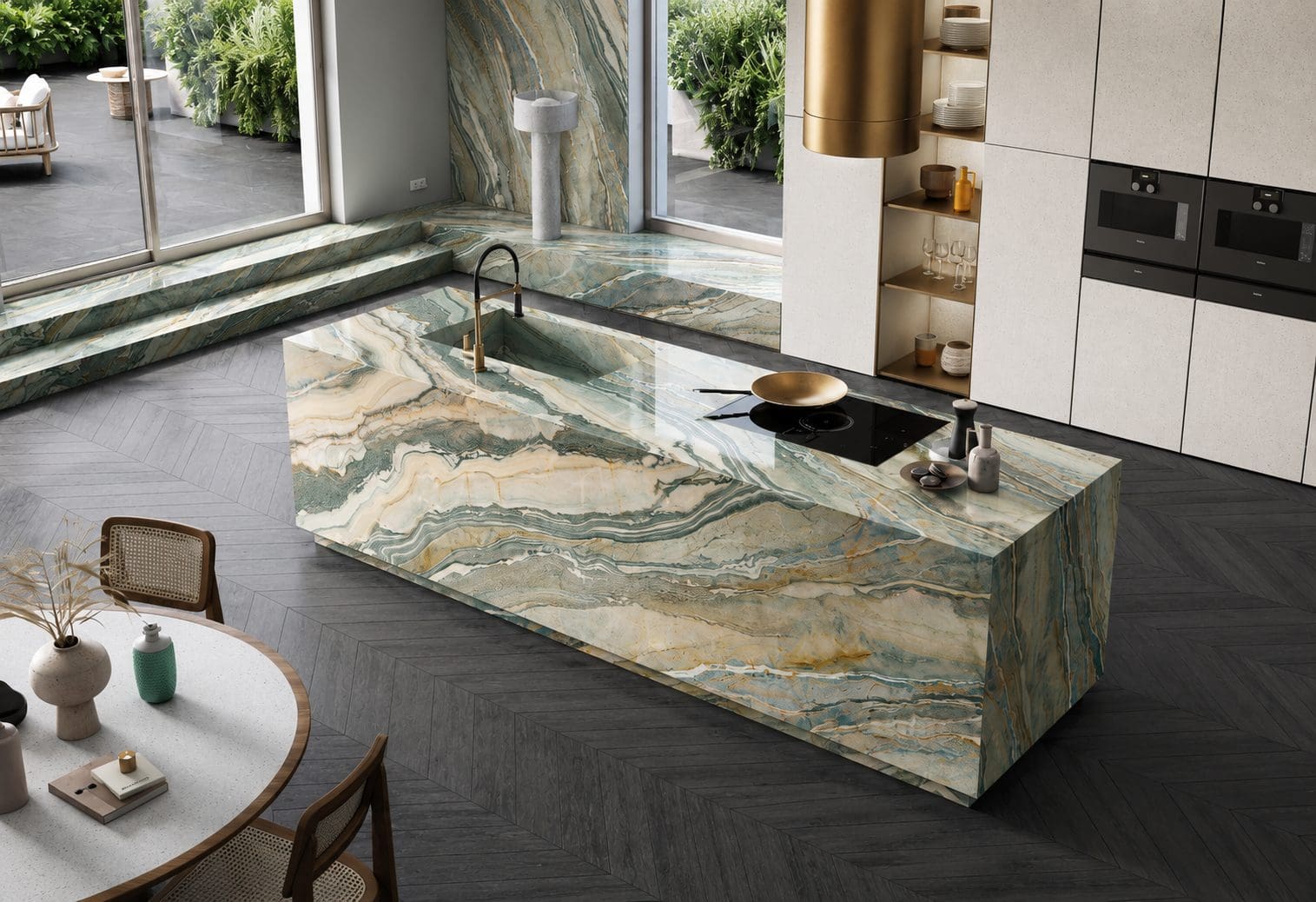 Green porcelain waterfall island with dramatic flowing veining in a luxury kitchen.