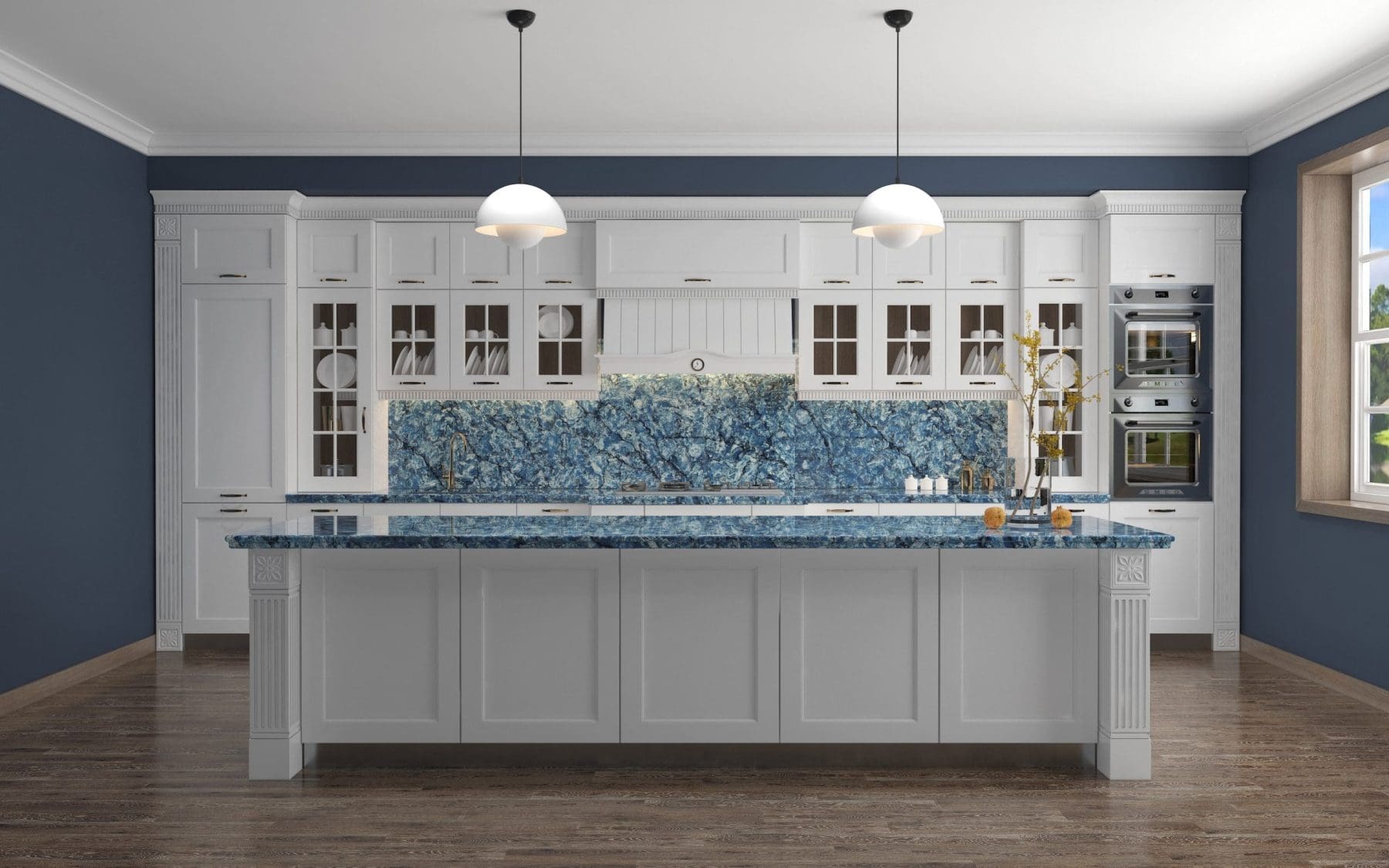 White kitchen with Tidewater granite countertops, island, and full-height backsplash. 
