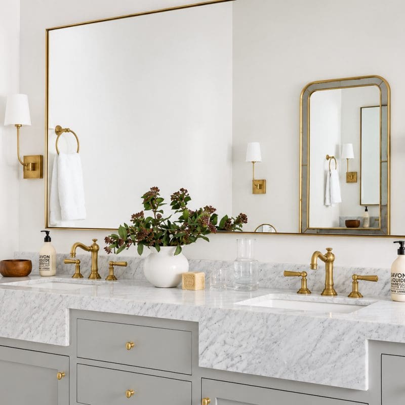 Modern bathroom vanity with white marble countertops featuring subtle gray veining.