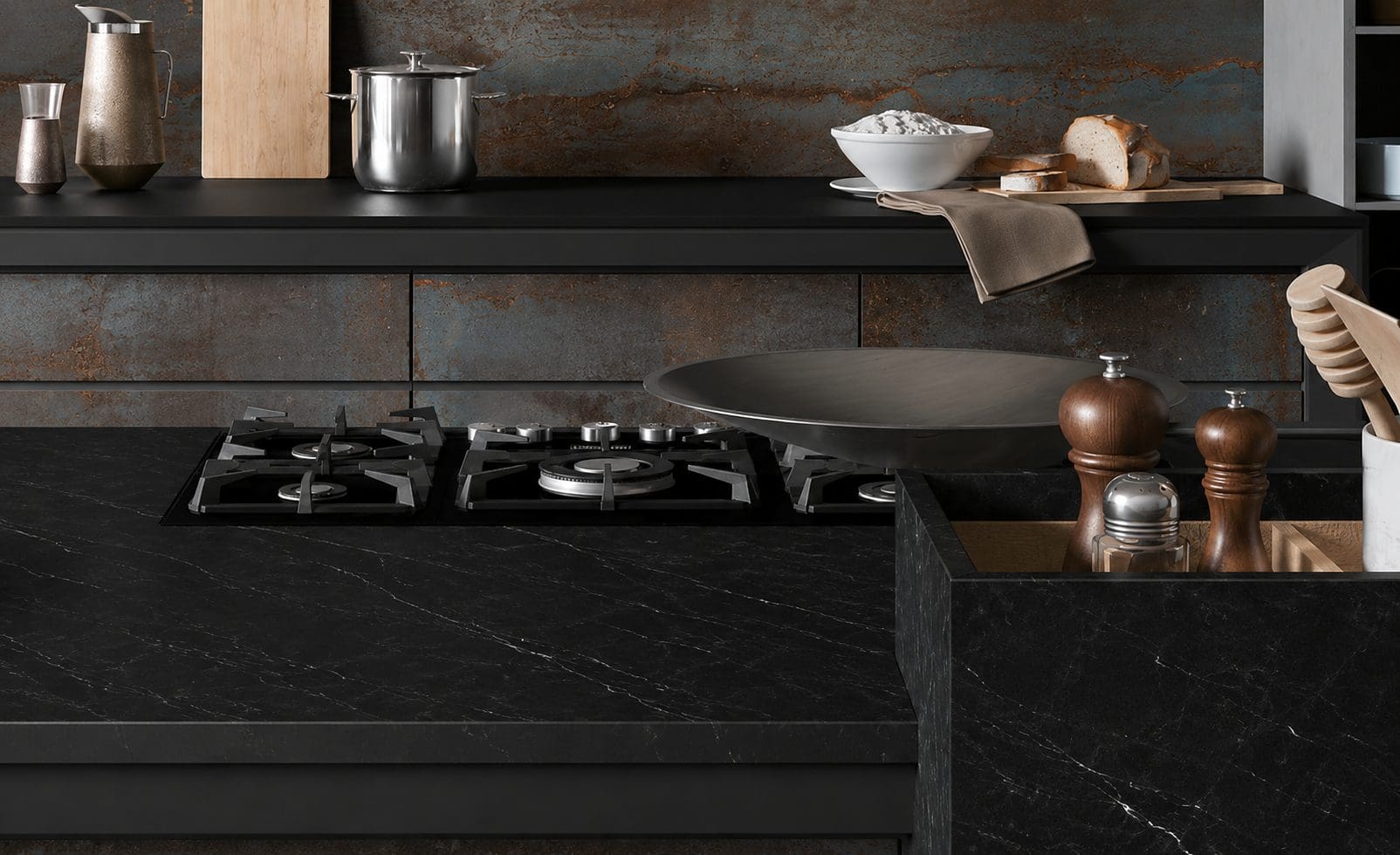 Modern kitchen featuring Metal Dark porcelain backsplash with an industrial-inspired finish.