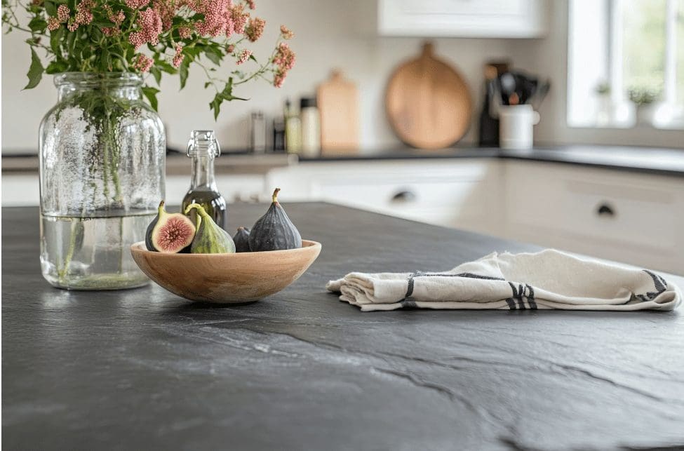 Dark gray soapstone countertop with fresh figs and a glass vase.
