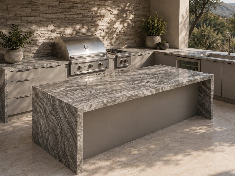 Outdoor kitchen with travertine countertops, waterfall island, and built-in grill. 