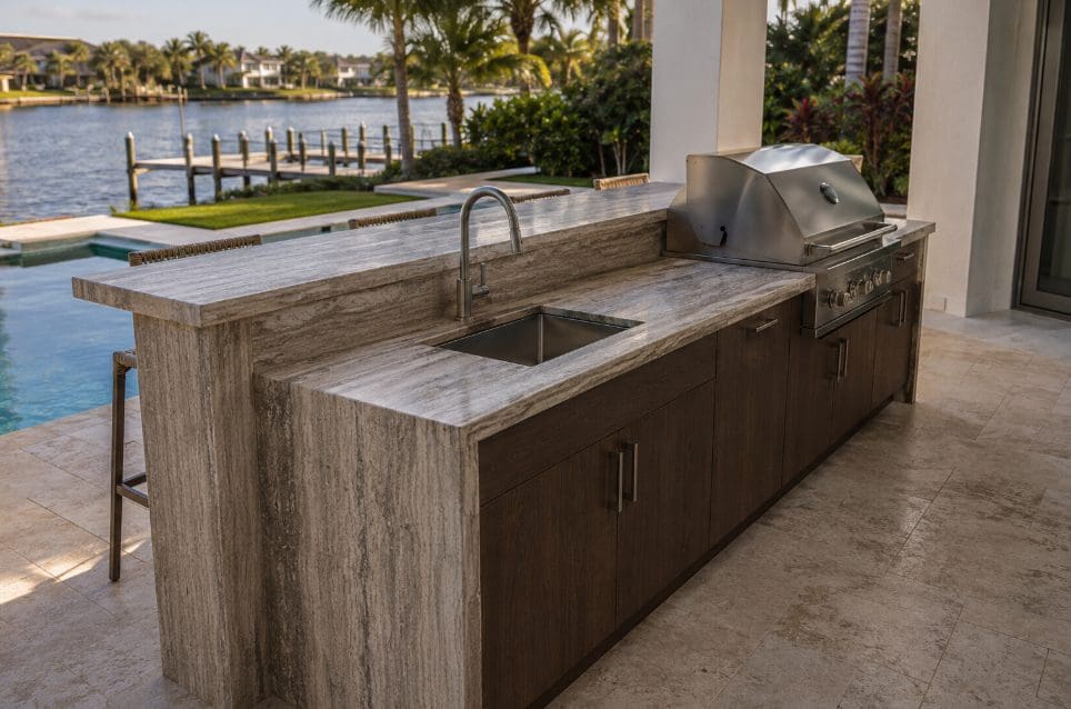 Outdoor kitchen with travertine countertops, built-in grill, sink, and bar seating overlooking the water.