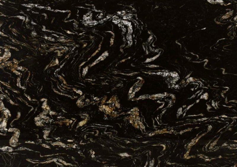 Slab photo of Black Cosmic granite slab with gold and white veining.