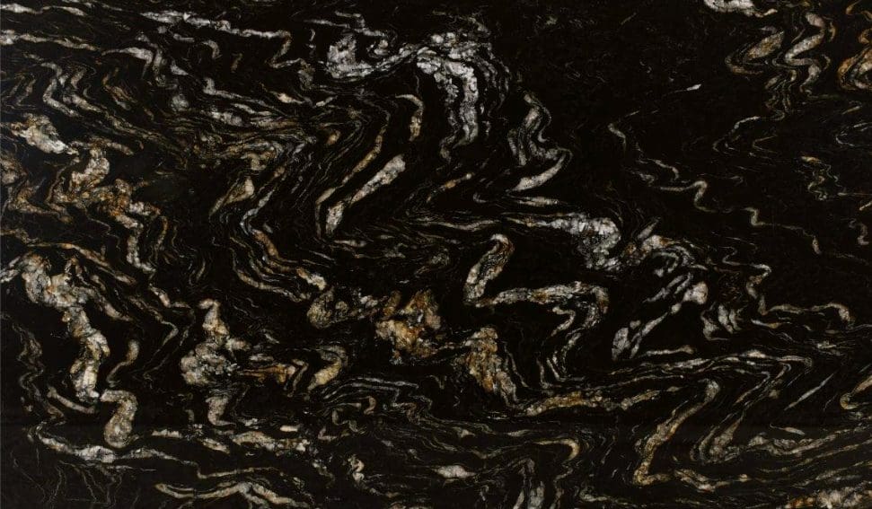 Slab photo of Black Cosmic granite slab with gold and white veining.