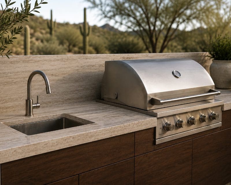 Outdoor kitchen with travertine countertops, built-in grill, and sink.