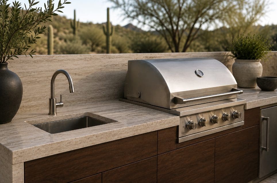 Outdoor kitchen with travertine countertops, built-in grill, and sink.