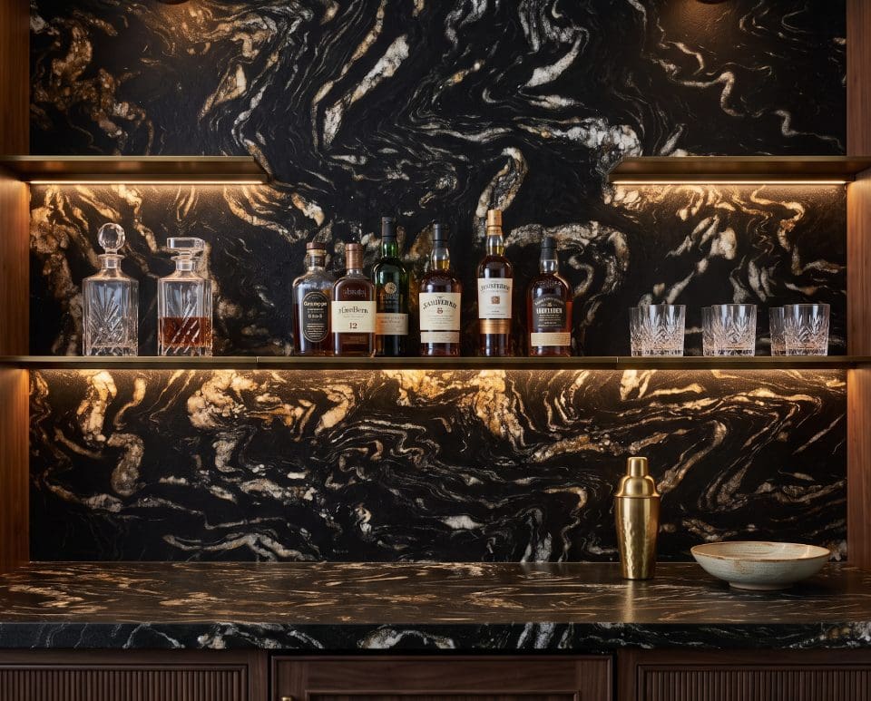 Modern bar with Black Cosmic granite countertop and backsplash. 