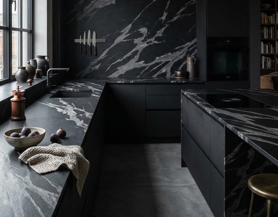 Modern kitchen with Python Black granite waterfall island and wall height backsplash. 