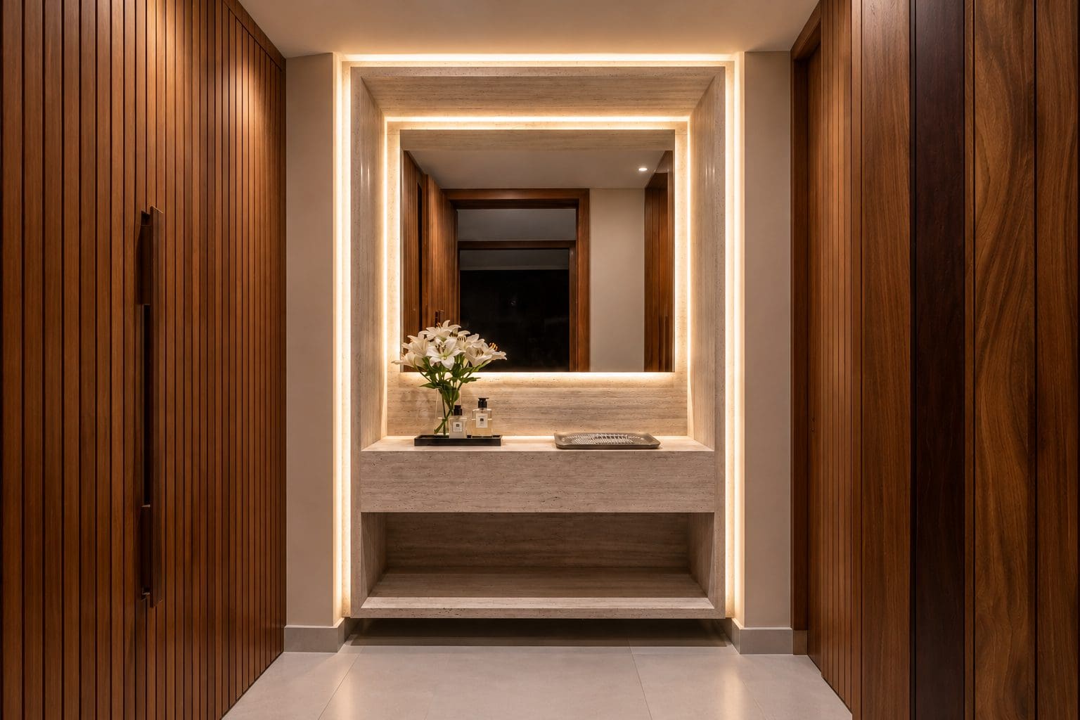 Travertine bathroom vanity with lilies and a mirror, framed by dark wood paneling and backlit stone trim.