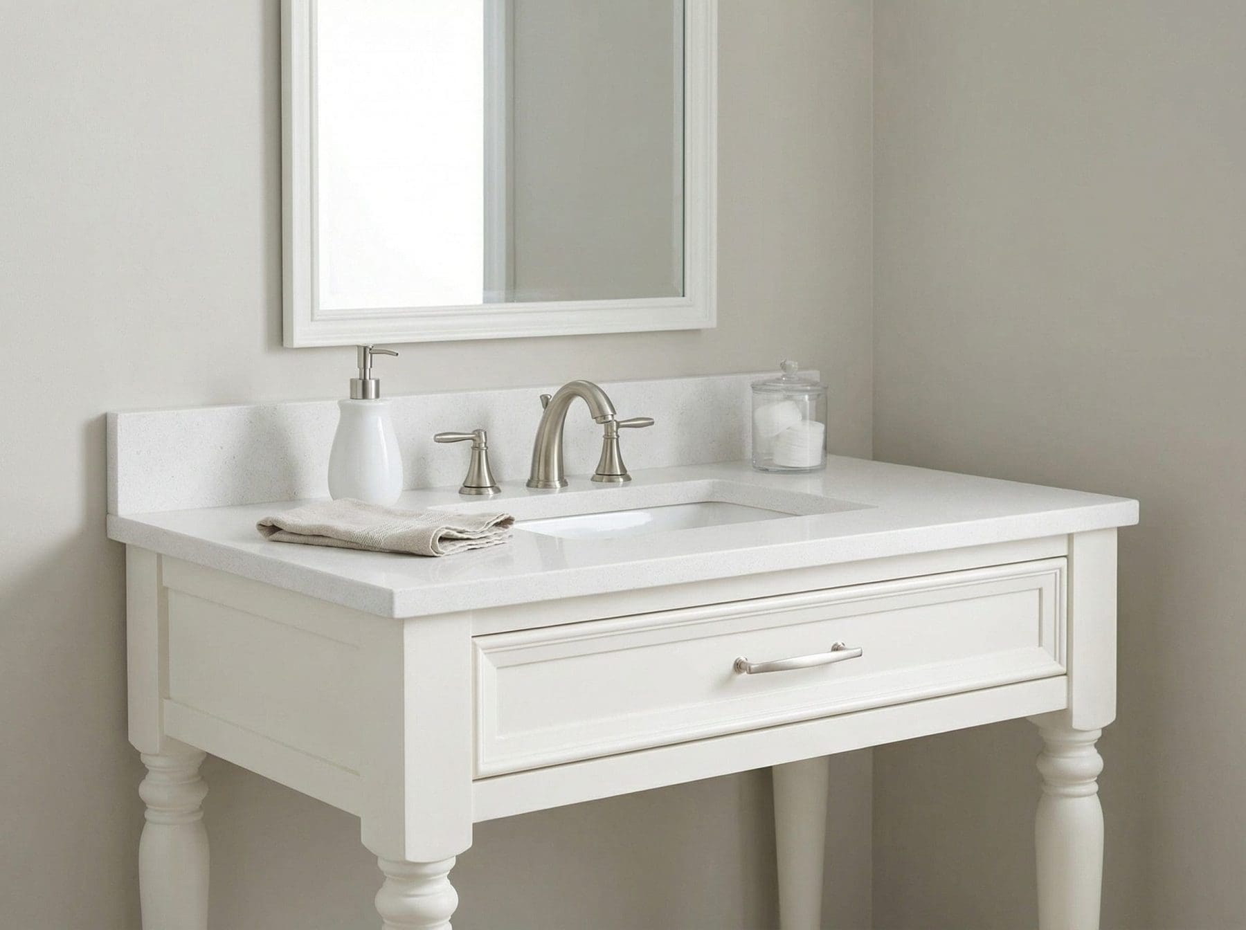 White bathroom vanity with a white quartz countertop and integrated sink.