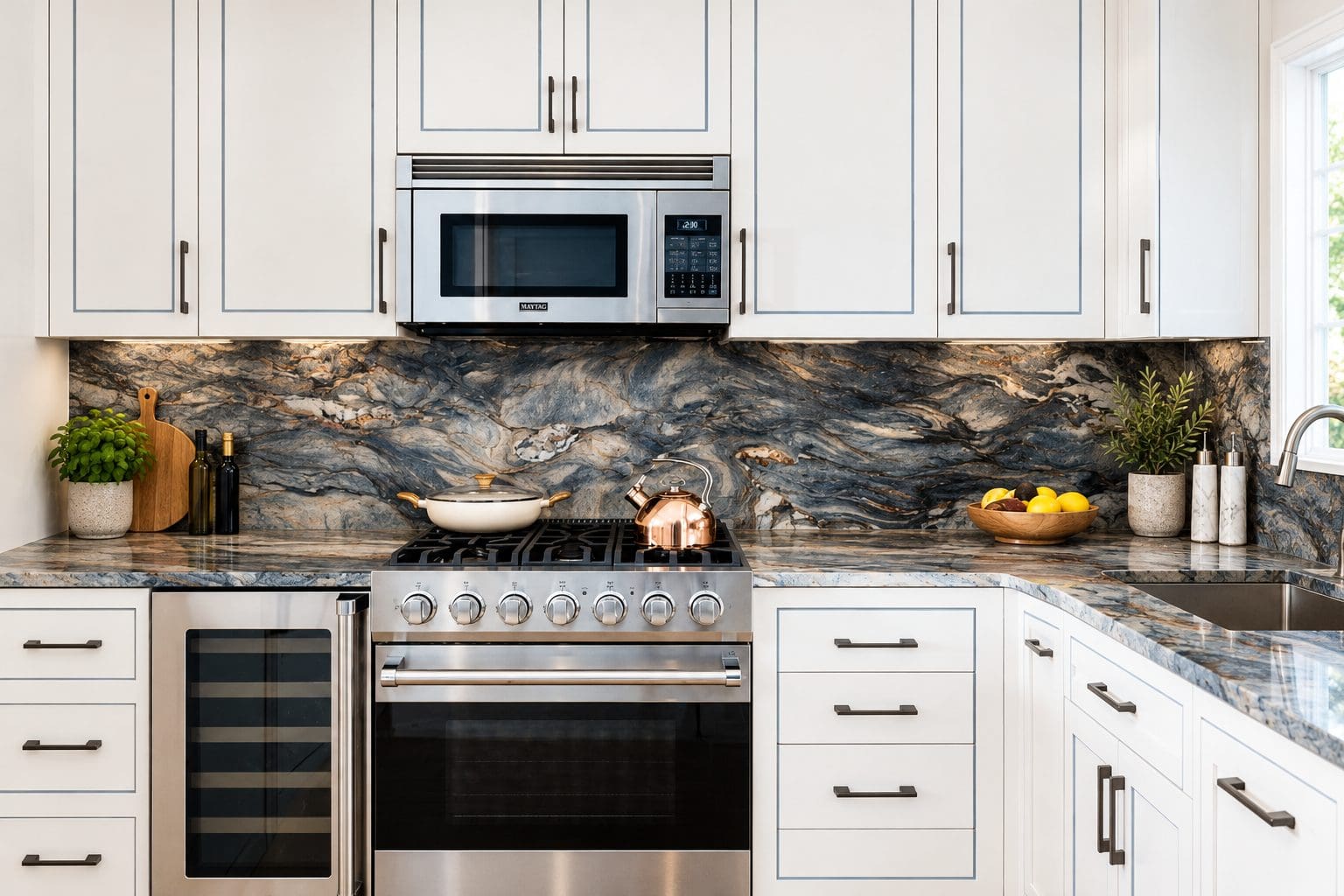 White kitchen with an Explosion Blue granite backsplash behind a stainless range. 