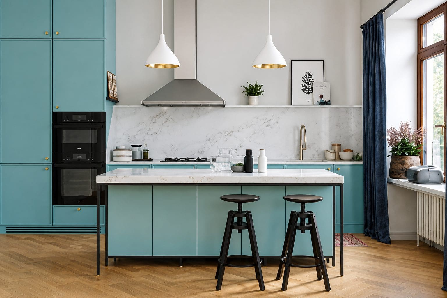 Teal kitchen with white quartz countertops and backsplash, brass hardware, and white pendant lights. 