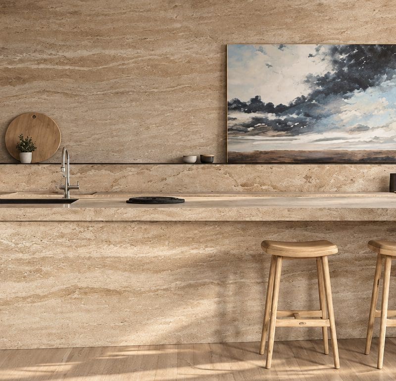 Curved kitchen island and backsplash in Alabastrino travertine, with wood stools and an ocean view.